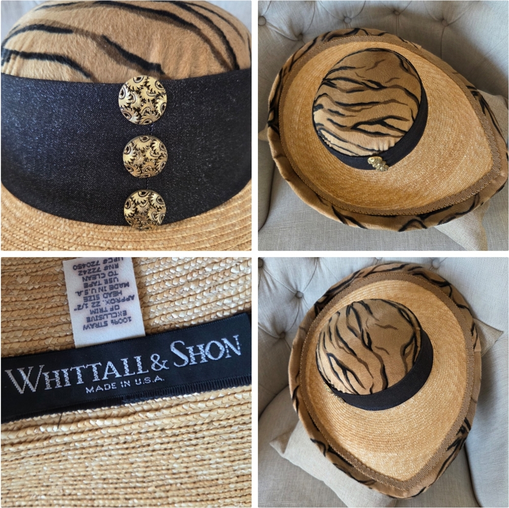 Whittall & Shon Tan and Black Women's Straw Hat Decorative Buttons USA Made New